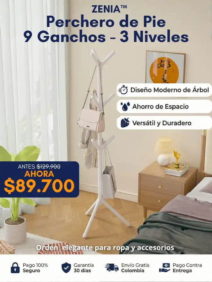 Zenia™ Perchero de Pie – 9 Ganchos · 3 Niveles