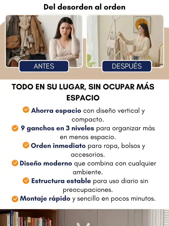 Zenia™ Perchero de Pie – 9 Ganchos · 3 Niveles