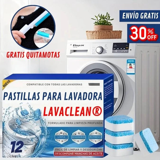 LavaClean® – Pastillas limpiadoras para lavadora x12 + Quita motas GRATIS.