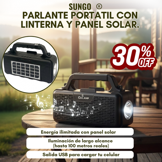 SunGo® Parlante portátil con linterna y panel solar.