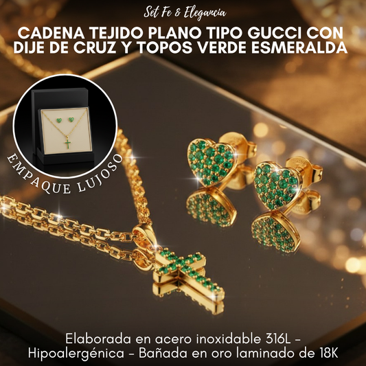 Set Fe & Elegancia - Cadena Tejido Plano Tipo Gucci con Dije de Cruz y Topos Verde Esmeralda.