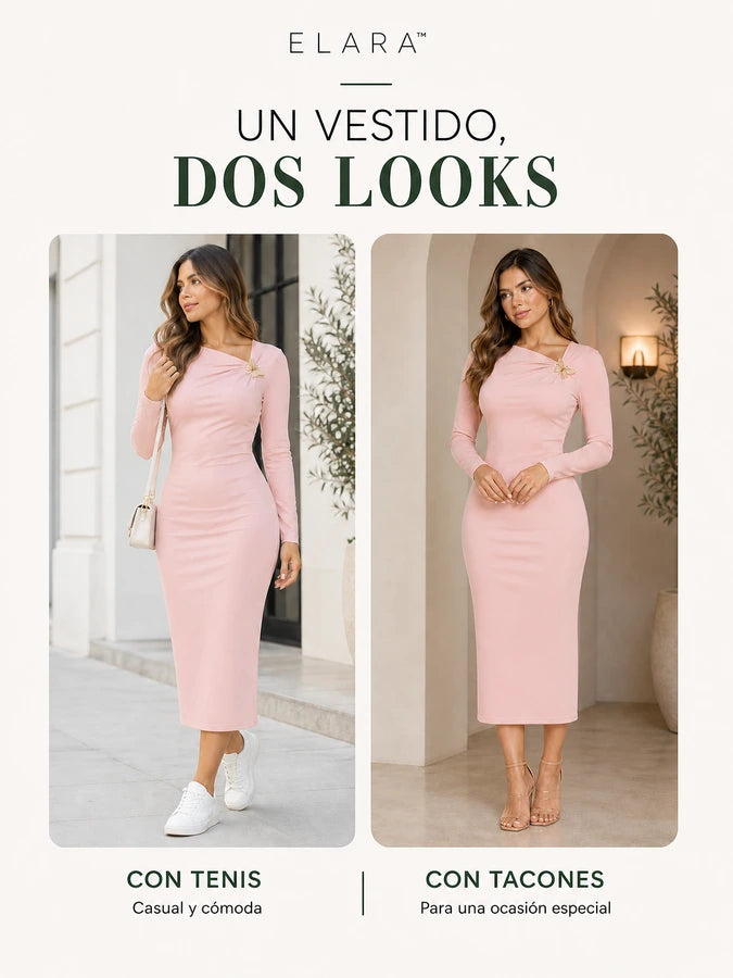 ELARA™ Vestido Midi Entallado con Broche de Mariposa | Realza tu silueta