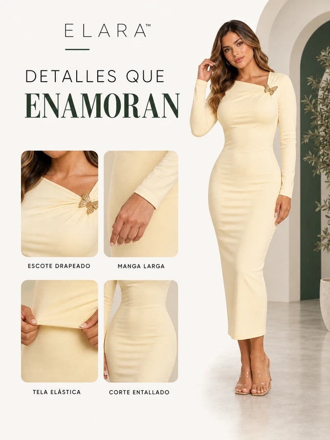 ELARA™ Vestido Midi Entallado con Broche de Mariposa | Realza tu silueta