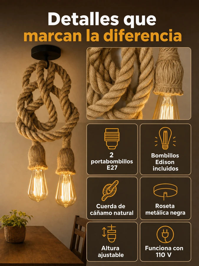 TORZAL™ Lámpara Colgante Vintage de Cuerda | Incluye 2 Bombillos