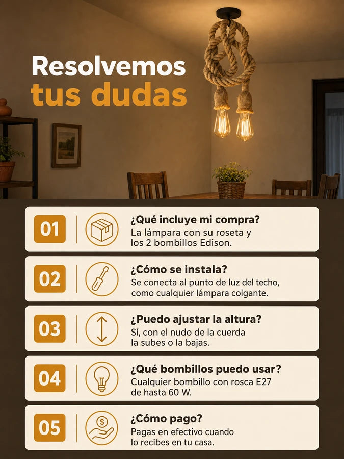 TORZAL™ Lámpara Colgante Vintage de Cuerda | Incluye 2 Bombillos
